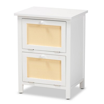 Sariah Mid-Century Rattan Accented 2-Drawer Nightstand - White