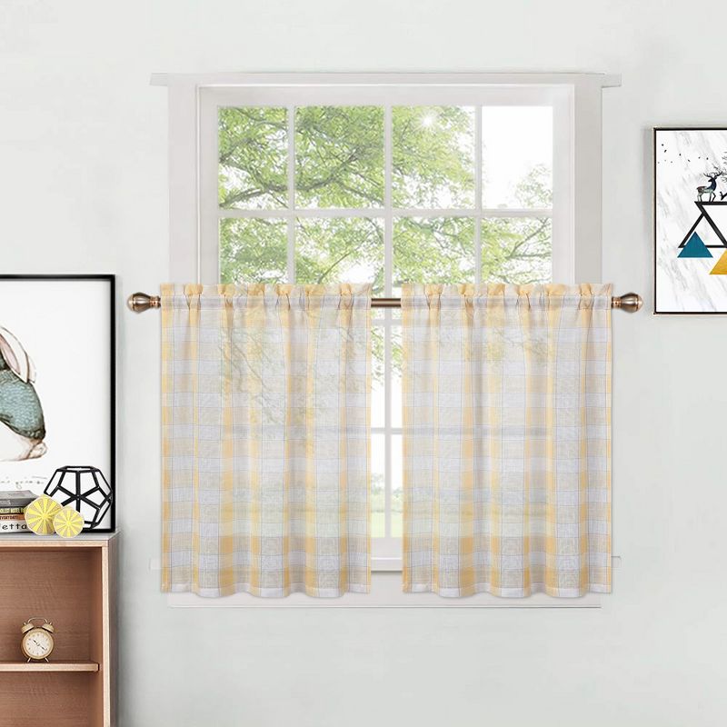 Whizmax Tier Curtains Farmhouse Plaid Check Light Filtering Sheer for Kitchen Window, Set of 2, 1 of 6