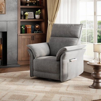 Swivel Power Recliner Chair, Faux Leather Glider Rocker with USB Charging Port, Side Pocket & Double Armrests