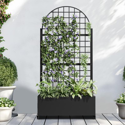 PexFix 71" x 35.4" Tall Wrought Iron Garden Arched Trellis with Planter Box Black Outdoor Plant Support for Climbing Flowers Vines Patio Yard Decor