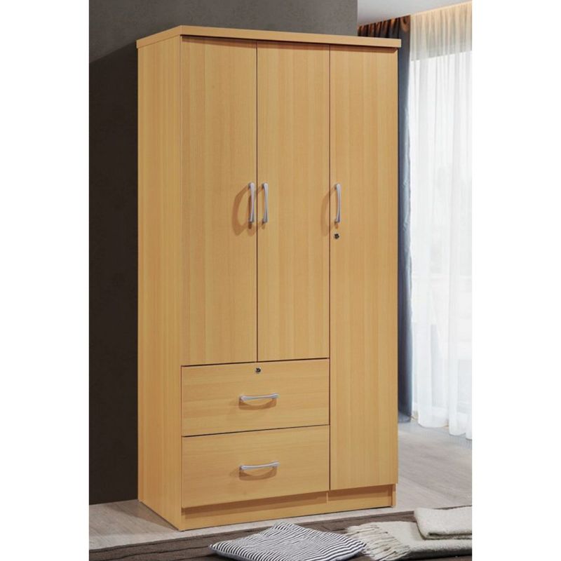 Hodedah Import Contemporary 3 Door Armoire w/ Metal Clothing Rod, 3 Shelves, 1 Standard Drawer, & 1 Locking Drawer for Bedrooms & Rented Rooms, Beech, 3 of 6