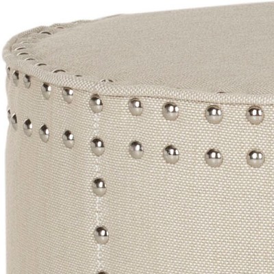 Beige Round Linen Ottoman with Nail Head Trim