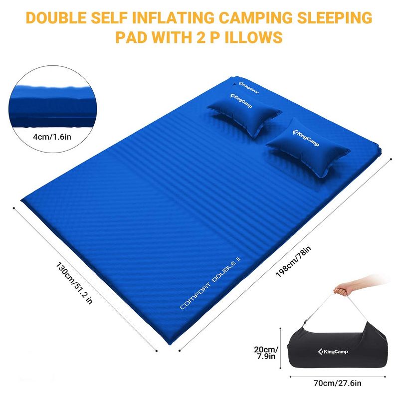 KingCamp Double Self Inflating Camping Sleeping Pad Mat with 2 Pillows, 3 of 8
