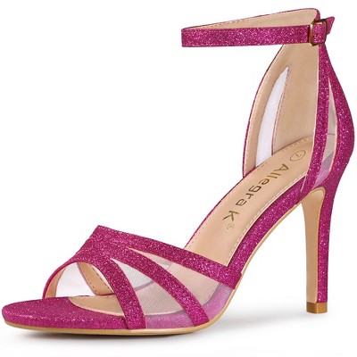 Allegra K Women's Glitter Mesh Stiletto Heel Ankle Buckle Strap Sandals