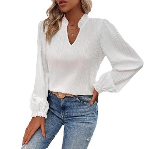 Coolmee Women's Puff Long Sleeve Shirts V Neck Loose T-Shirts Dressy Casual Work Blouses Fall Tops Trendy Clothes - 1 of 4