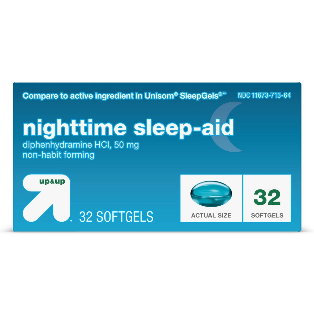 Diphenhydramine HCl Maximum Strength Nighttime Sleep Aid Softgels - 32ct - up & up Compare to the active ingredient of Unisomae SleepGelsae. Use Nighttime Sleep Aid for when you have difficulty falling asleep. Nighttime Sleep Aid softgels contain the active ingredient diphenhydramine hydrochloride 50 mg. Non-habit forming. Made in Canada. If you’re not satisfied with any Target Owned Brand item, return it within one year with a receipt for an exchange or a refund. Size: 32ct.