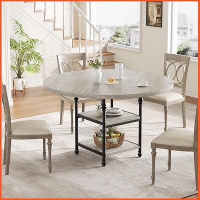 Homhougo Round Dining Table for 4, Kitchen Dining Room Circle Dinner Pedestal Table with Storage Shelves & Roman Metal Legs