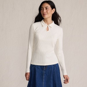 Lands' End Women's Long Sleeve Pointelle Rib Keyhole Polo Top - 1 of 4