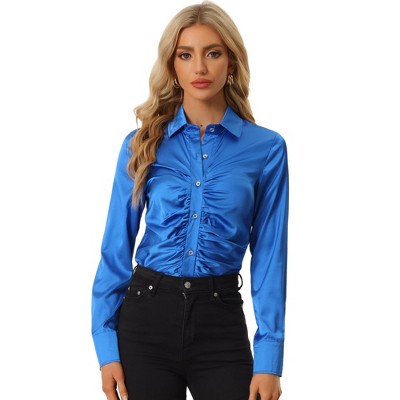 Allegra K Women's Long Sleeve Fashion Point Collar Button Up Satin ...