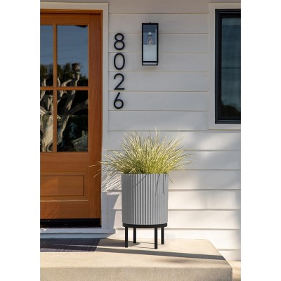 Gray and Black Fluted Planter with Acacia Wood Stand