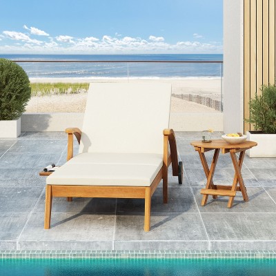 Okak Acacia Wood Outdoor Chaise Lounge with A Side Table,Reclining Long Chair Pool Chaise with Built-In Side Table,Outdoor Furniture,Natural