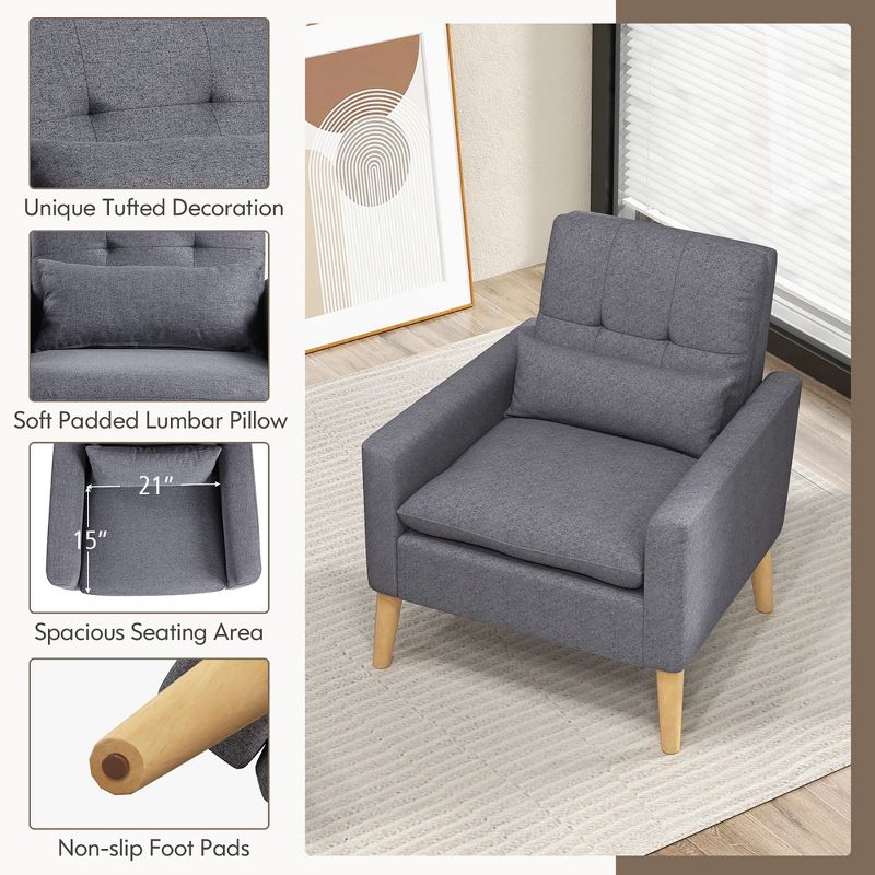 Tangkula Mid-century Modern Accent Chair Linen Fabric Reading Armchair w/ Lumbar Pillow Grey, 4 of 9
