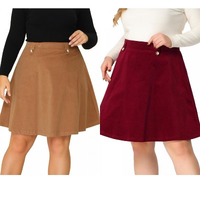 Agnes Orinda Women's Plus Size Tie Waist Button Front Pockets A-Line Midi Denim Skirts