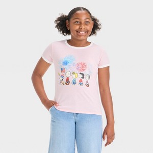 Girls' Peanuts Americana Boxy Short Sleeve Graphic T-Shirt - Pink - 1 of 4