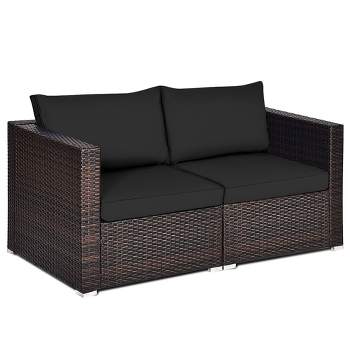 Tangkula 2PCS Rattan Corner Sofa Set Patio Outdoor Furniture Set w/ 4 Black Cushions