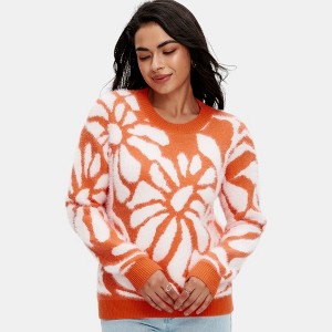 Knit & Lounge Women’s Cozy Fuzzy Knit Long Sleeve Bold Floral Print Crew Neck Pullover Sweater Soft - 1 of 4