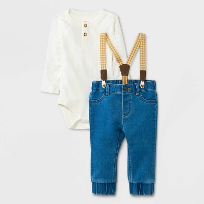 Image of Baby Boys' Mini Man Denim Suspender Top & Bottom Set - Cat & Jack™ Blue/Cream 0-3M