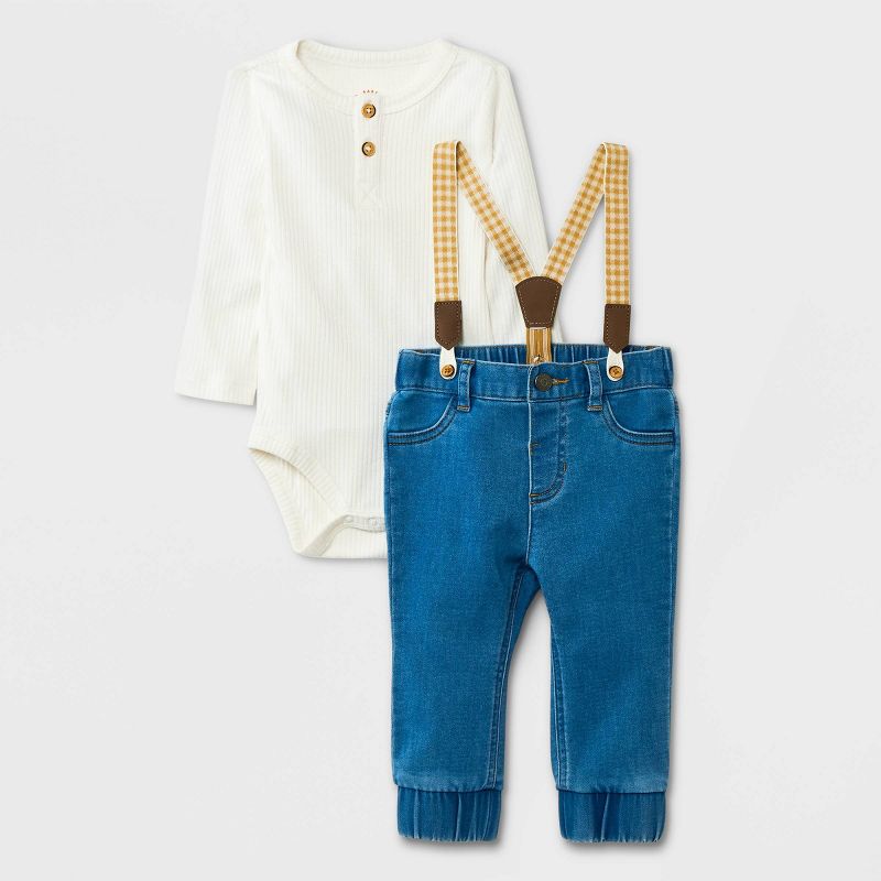 Baby Boys' Mini Man Denim Suspender Top & Bottom Set - Cat & Jack™ Blue/Cream, 1 of 6
