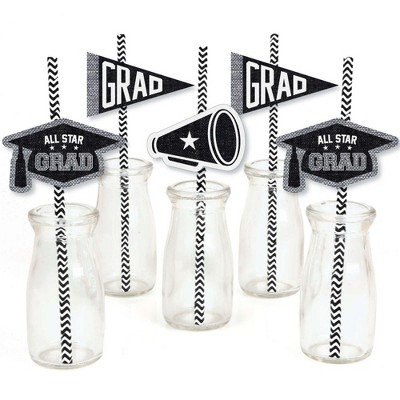 Big Dot of Happiness All Star Grad Paper Straw Decor - Graduation Party Striped Decorative Straws - Set of 24