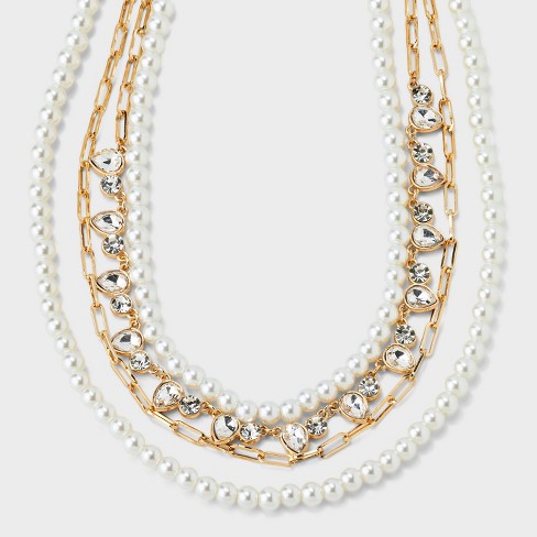 Gold & Faux Pearl Crystal 'CC' Layered Necklace