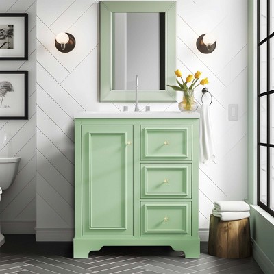 NicBex 29.9" Bathroom Vanity with Sink, Bathroom Cabinet Storage, 1 Soft Closing Cabinet Doors with Adjustable Shelf, 3 Drawers for Bathroom, Green