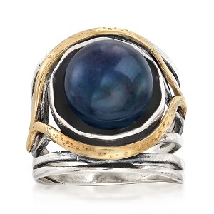 Ross-Simons 11.5-12mm Black Cultured Pearl Openwork Ring in Sterling Silver and 14kt Yellow Gold - 1 of 4