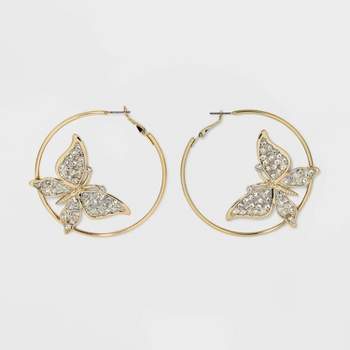 Rhinestone Butterfly Hoop Earrings - Wild Fable™ Gold