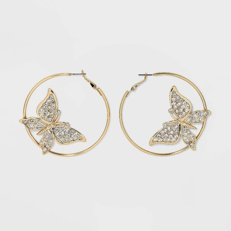 Rhinestone Butterfly Hoop Earrings - Wild Fable&#8482; Gold, 1 of 5