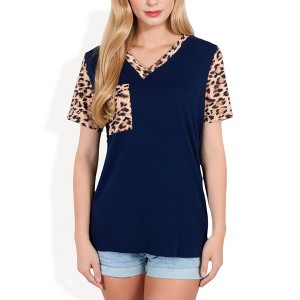 Anna-Kaci Women's V-Neck Leopard Print Pocket Tee with Contrast Sleeves Casual Relaxed Fit - 1 of 4