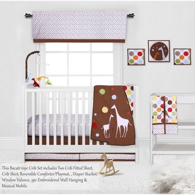 Bacati - Baby & Me Giraffe, Orange/Green/Blue/Red/Brown 10 pc Crib Bedding Set with 2 Crib Fitted Sheets