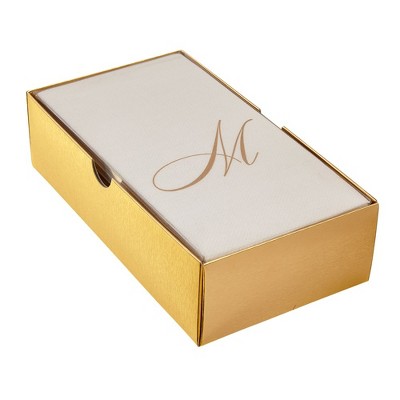 LINEN FEEL DISPOSABLE MONOGRAMMED GUEST TOWELS | European Made | Initial “A” | 24 pc | for Upscale Wedding and Dining (Ivory/Gold)
