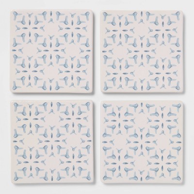 4pk Stoneware Stamp Coasters Light Blue - Threshold™: Traditional Drink Coasters, Hand Wash, 4 Square, Set of 4