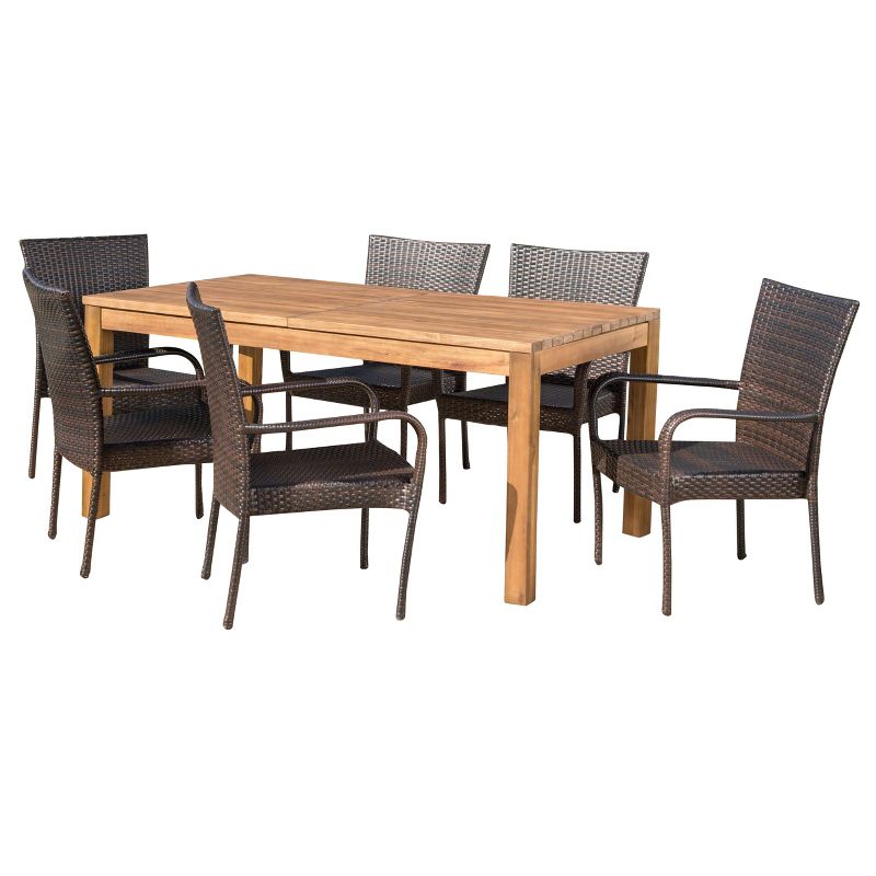 Lambert 7pc Acacia & Wicker Dining Set - Teak/Brown - Christopher Knight Home: Expandable, Weather-Resistant Outdoor Patio Set with Stackable Chairs, 3 of 6