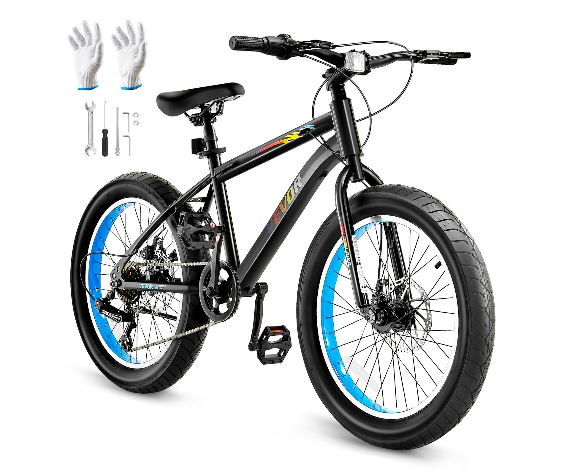 VEVOR Mountain Bike,20in MTB Bicycle with 7 Speeds SHIMANO Twist Shifting,Comfort Saddle,Dual Disc Brakes,High Carbon Steel Frame,Fat Tire,Black&Blue