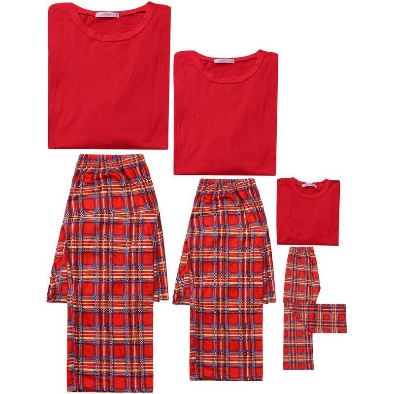 cheibear Christmas Long Sleeve Solid Tops Tee with Plaid Pants Family Pajama Sets Red, 3 of 5