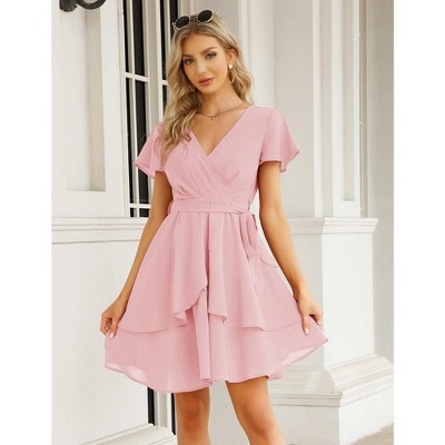 Womens Skater Dresses Sexy V Neck Short Sleeve Tie Waist Solid Ruffle Boho Flowy Swing Mini Dress