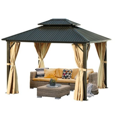 Aoodor 12 x 10 ft. Aluminum Frame Hardtop Roof Gazebo, Outdoor Patio 2-Tier Metal Roof Gazebo- Black