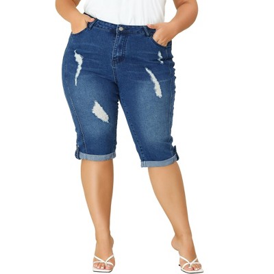 Agnes Orinda Women's Plus Size Jeans Zipper Back Yoke Stretch Roll Up Cuff Denim  Pants Blue 1x : Target