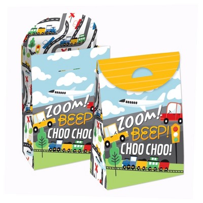 Big Dot of Happiness Cars, Trains, and Airplanes - Transportation Birthday Gift Favor Bags - Party Goodie Boxes - Set of 12