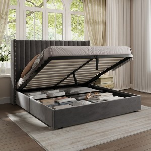 Lift Up Storage Bed Frame,Upholstered Platform Bed Velvet - 1 of 4