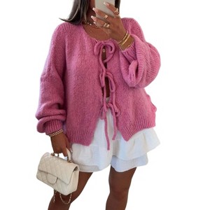 Women's Tie Front Bow Cardigan Sweaters Chunky Knit Long Puff Sleeve Fall Winter Loose Jacket Coats - 1 of 4