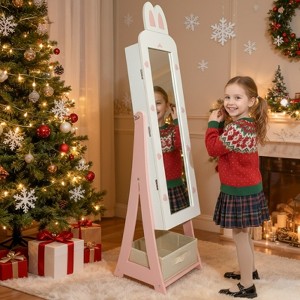 Angel Sar Bunny Theme Children's Jewelry Cabinet, White MDF Mirror Storage with Door & Fabric Drawer, Kids Accessory Organizer for Bedroom - 1 of 4