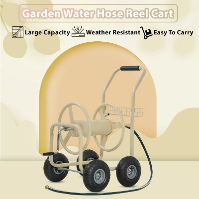 Tan Heavy Duty Metal Outdoor Hose Reel Cart with Storage Basket