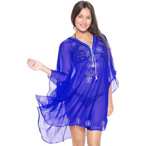 HAPPY BAY Women's Summer Vacation Beachwear Mini Bathing Suit Short Loose Beach Dress Swimsuit Cover ups Beach Tunics 2X-3X Blue Solid - 1 of 2