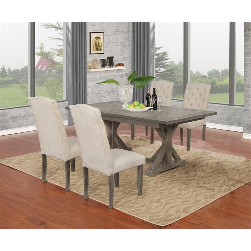 Rustic Wood Dining Chairs Upholstered with Beige Linen Fabric (Set of 2), 2 of 3