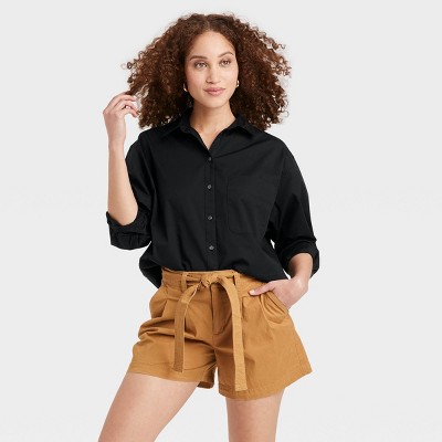 Women's Long Sleeve Oversized Button-Down Boyfriend Shirt - A New Day™  Black XS