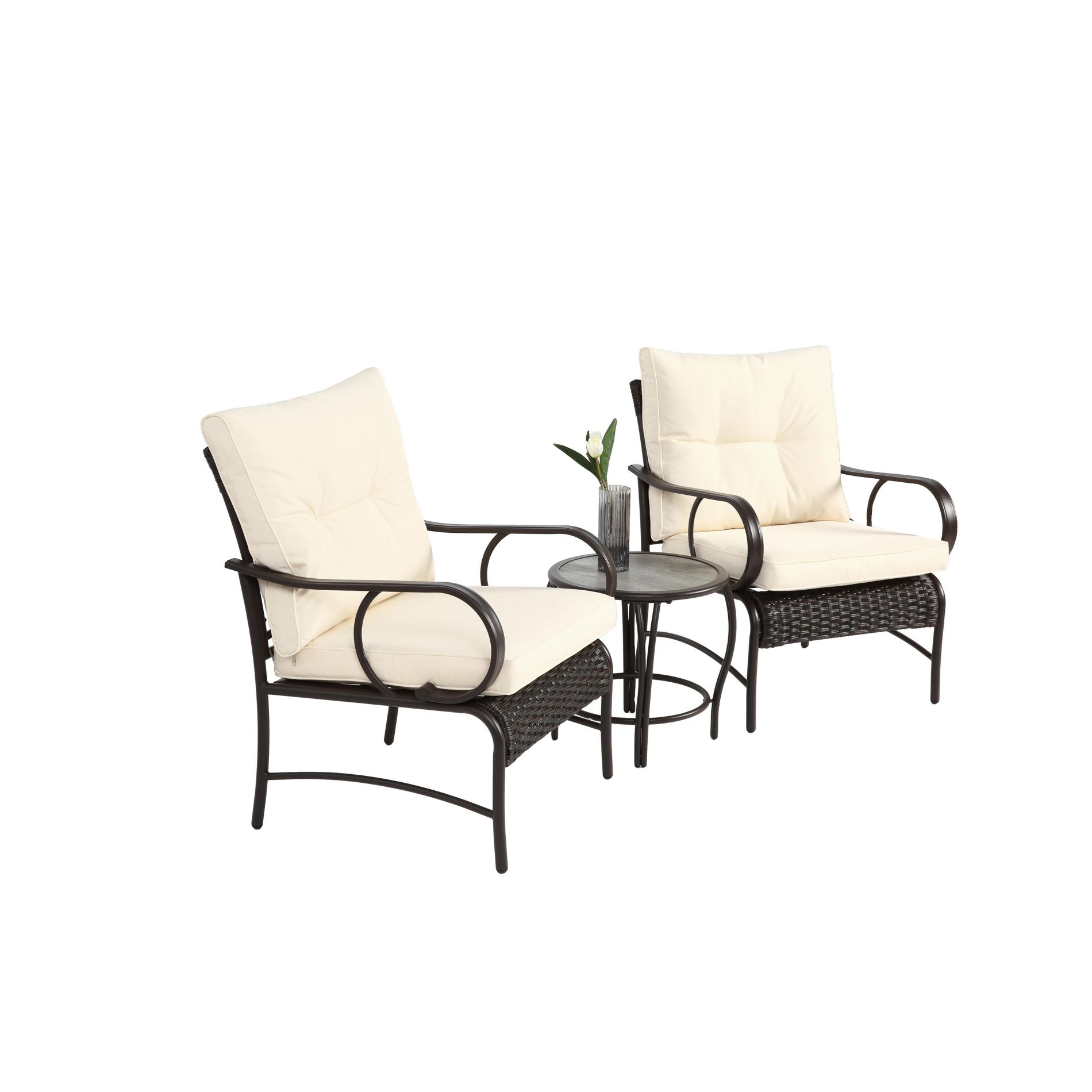 Dexmalle White Patio Coffee Table and Wicker Rattan Chair,Set of 3