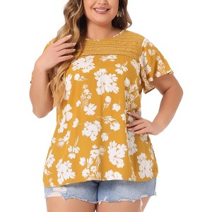 Agnes Orinda Women's Plus Size Floral Printed Lace Panel Keyhole Back Flare Sleeve Blouses - 1 of 4