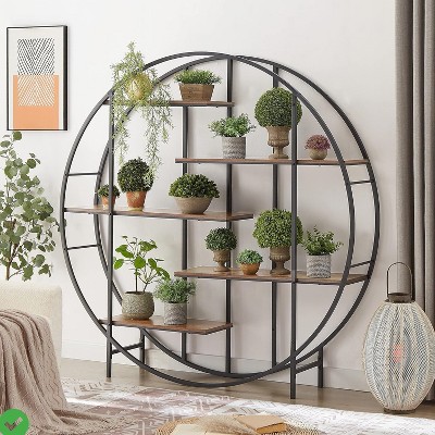 Round 5-Tier Bookcase, Open Freestanding Industrial Shelf for Books & Plants, Rustic Brown Display for Living Room, Home Office, Entryway, Bedroom