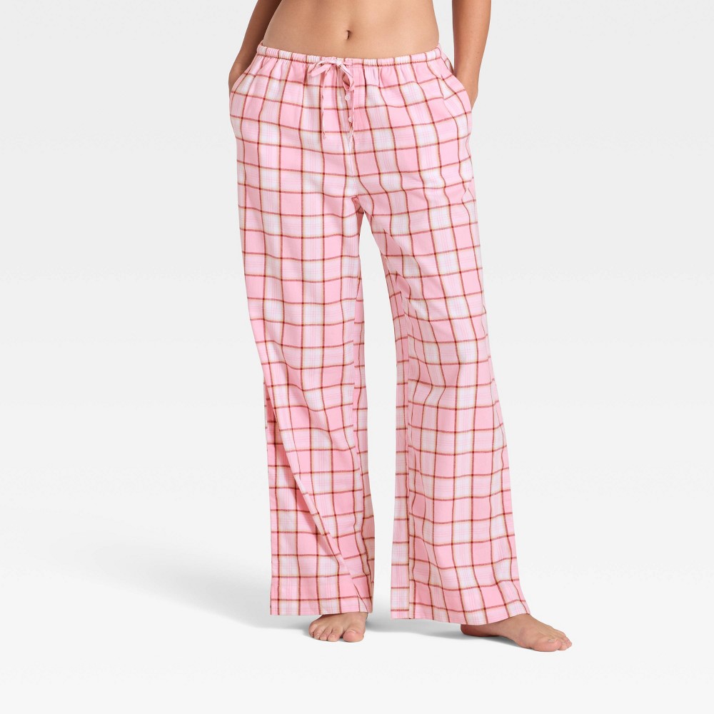Women's Flannel Wide Leg Pajama Pants - Wild Fable™ Pink Plaid L